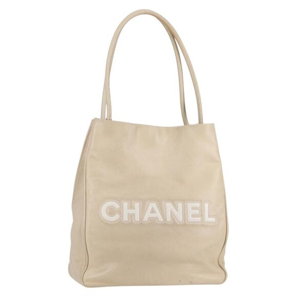 CHANEL Tote Bag Lamb Skin Beige Gold CC Auth 118935V - Picture 1 of 16